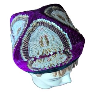Vintage Velvet Hand Beaded Kufi Islamic Prayer Hat Songkok Banjara Parsi Cap